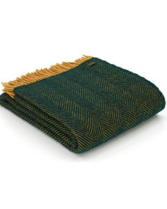 All Wool Herringbone Throw - Emerald/Mustard - 150x183cm