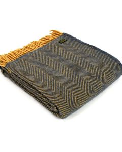 All Wool Herringbone Throw - Navy/Mustard - 150x183cm