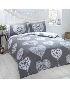 Scandi Hearts Flannelette Duvet Cover Set - Grey