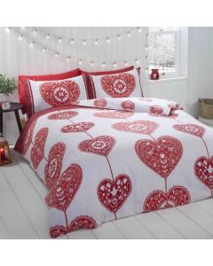 Scandi Hearts Flannelette Duvet Cover Set - Red